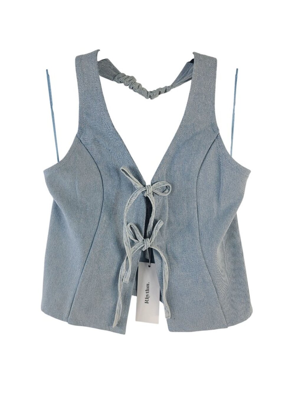NEW Rhythm Louise Tie Front Halter Top Light Blue Sz S 70% Cotton 30% Polyester